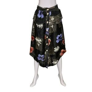 GANNI Black Red Purple White Floral Print Silk & Linen Skirt Size 38